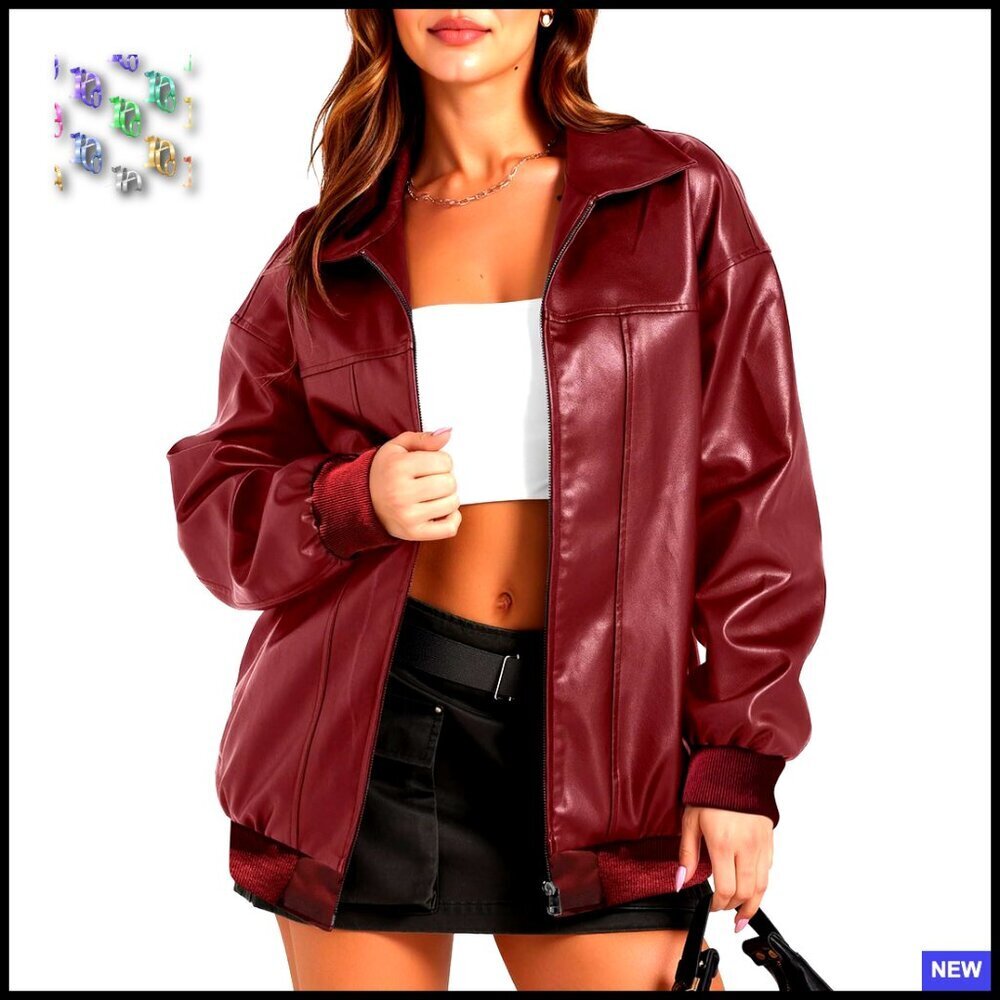 Oversized Faux Leather Bomber Jacket Y2K Trendy Moto Winter Coat with Pockets